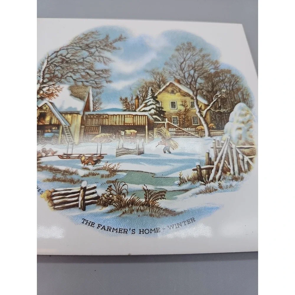 Vintage Currier & Ives The Homestead in Winter Tile Trivet‎ Wall Hanging